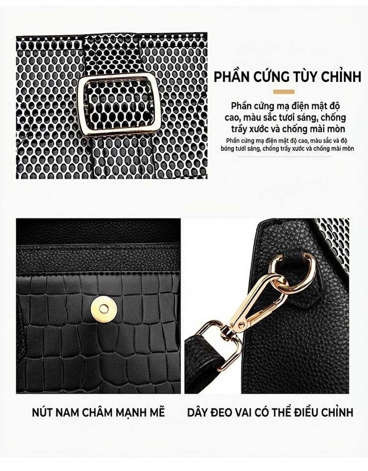 Túi Tote Nữ Da Vân Cá Sấu Thời Trang, Đơn Giản, Dung Tích Lớn Màu Đen chi tiết 7