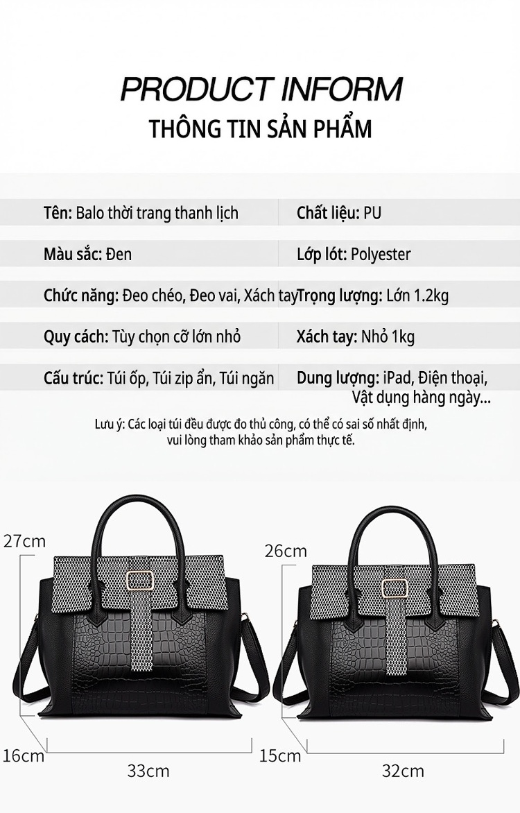 Túi Tote Nữ Da Vân Cá Sấu Thời Trang, Đơn Giản, Dung Tích Lớn Màu Đen chi tiết 18