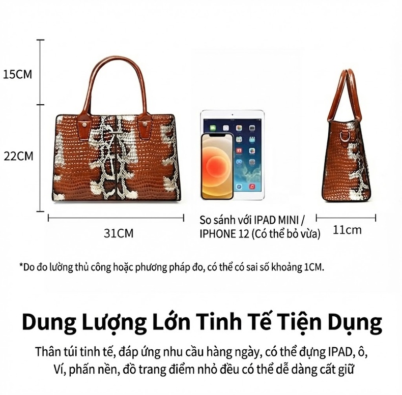 Túi Tote Nữ Da Vân Rắn Sức Chứa Lớn Túi Đeo Vai Túi Xách Tay Nữ Màu Đen, Nâu, Trắng chi tiết 5