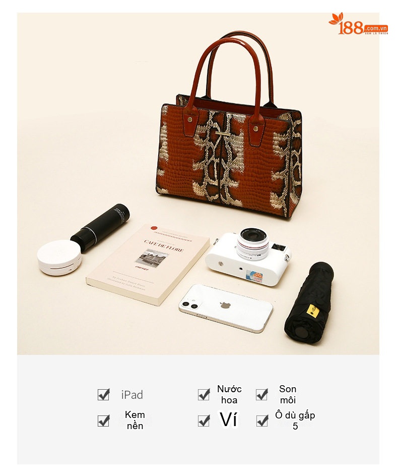 Túi Tote Nữ Da Vân Rắn Sức Chứa Lớn Túi Đeo Vai Túi Xách Tay Nữ Màu Đen, Nâu, Trắng chi tiết 7