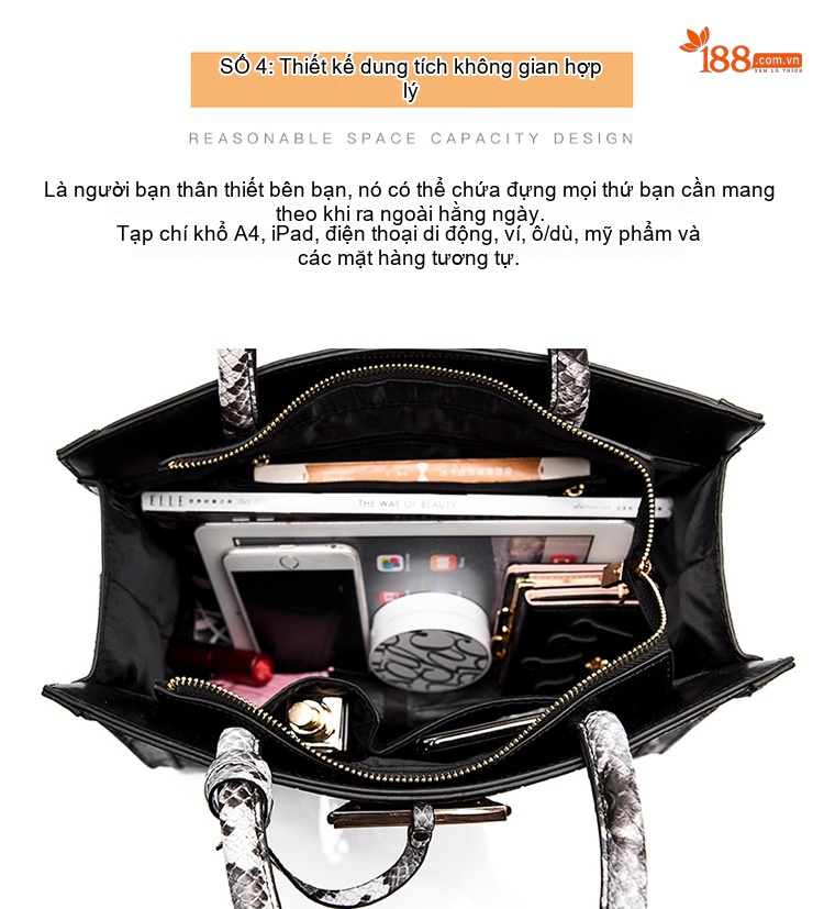 Túi Tote Nữ Da Vân Rắn Thời Trang, Túi Đeo Vai Nữ Lớn Màu Đen, Trắng chi tiết 10