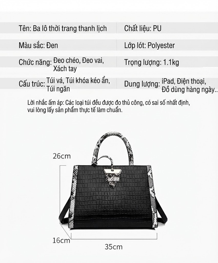 Túi Tote Nữ Da Vân Rắn Thời Trang, Túi Đeo Vai Nữ Lớn Màu Đen, Trắng chi tiết 3