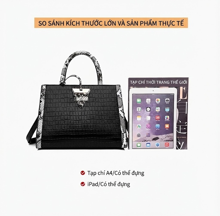 Túi Tote Nữ Da Vân Rắn Thời Trang, Túi Đeo Vai Nữ Lớn Màu Đen, Trắng chi tiết 4