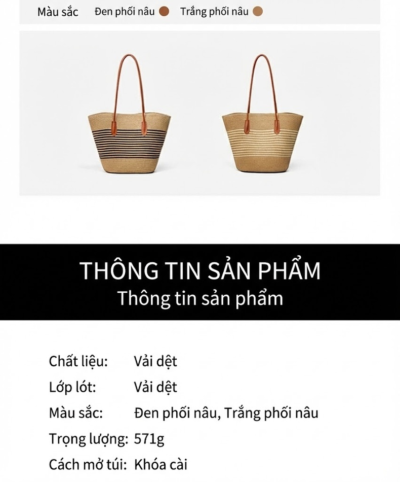 Túi Tote Nữ Đan Dệt Sọc, Túi Xách Tay, Túi Đeo Vai Công Sở Sức Chứa Lớn Màu Nâu, Be, Đen chi tiết 7
