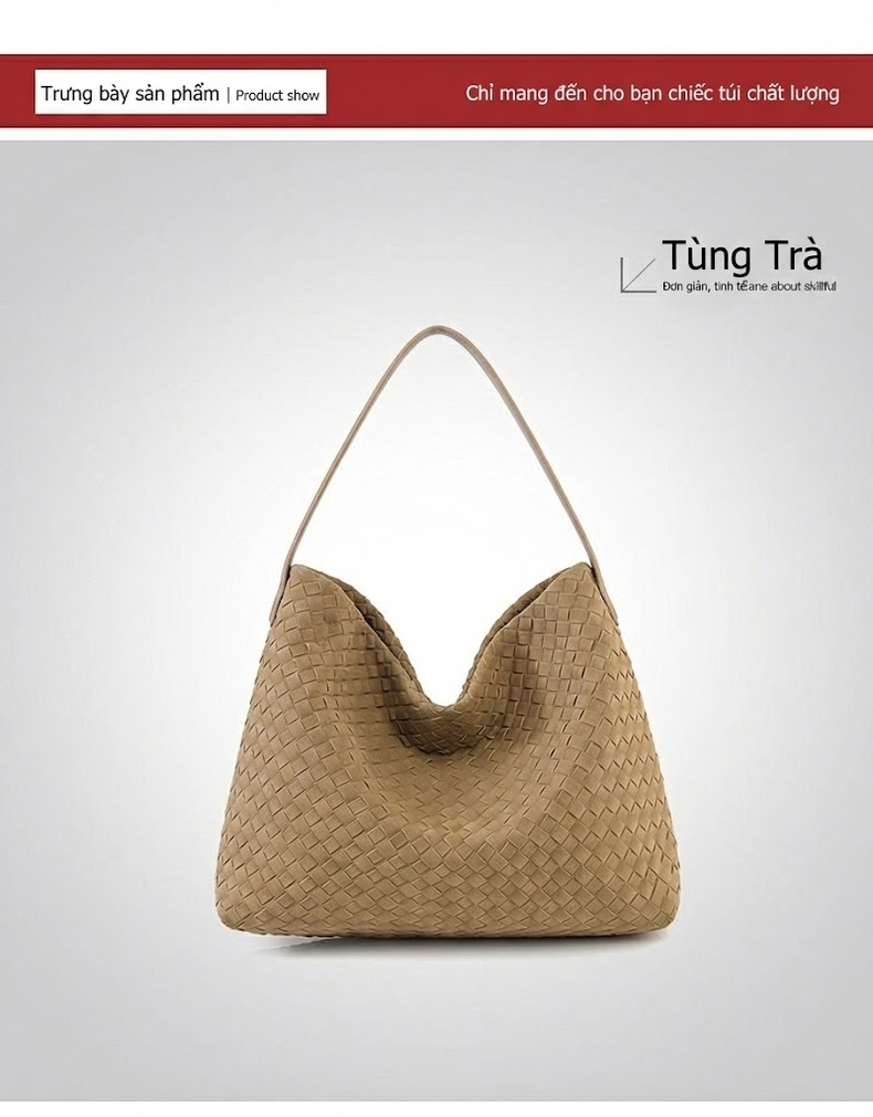 Túi Tote Nữ Đan Thủ Công Da Mờ Sức Chứa Lớn Đeo Vai Đi Làm Màu Nâu, Xám chi tiết 19