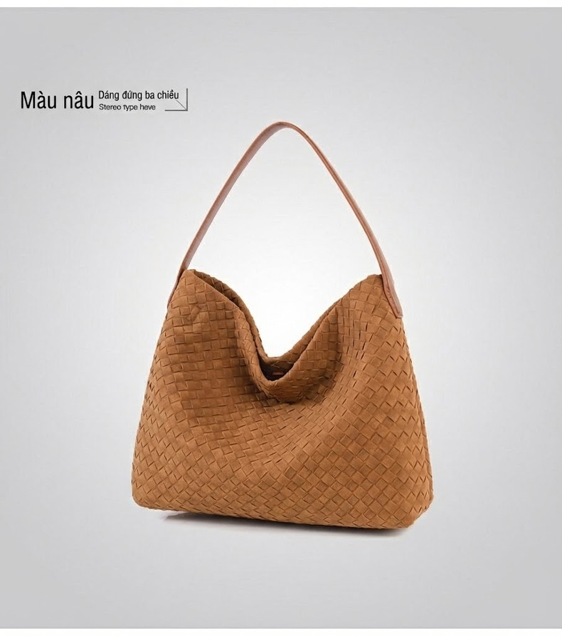 Túi Tote Nữ Đan Thủ Công Da Mờ Sức Chứa Lớn Đeo Vai Đi Làm Màu Nâu, Xám chi tiết 24