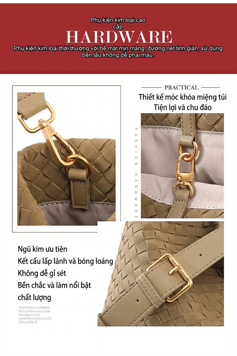 Túi Tote Nữ Đan Thủ Công Da Mờ Sức Chứa Lớn Đeo Vai Đi Làm Màu Nâu, Xám chi tiết 10