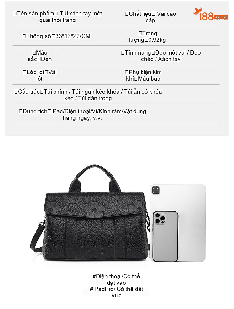 Túi Tote Nữ Dập Nổi Họa Tiết Công Sở Sức Chứa Lớn Màu Đen chi tiết 5
