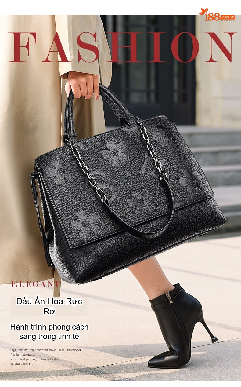 Túi Tote Nữ Dập Nổi Họa Tiết Da Mềm Đeo Vai Dây Xích Nhiều Ngăn Màu Đỏ Rượu, Đen, Nâu chi tiết 2