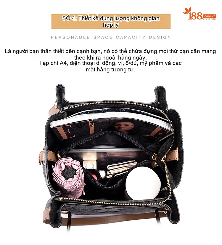 Túi Tote Nữ Dập Vân Hoa Văn Thời Trang Sức Chứa Lớn Kèm Túi Nhỏ Màu Đen chi tiết 8