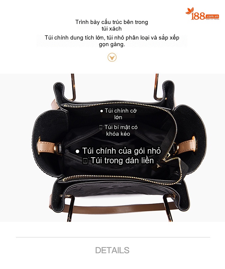 Túi Tote Nữ Dập Vân Hoa Văn Thời Trang Sức Chứa Lớn Kèm Túi Nhỏ Màu Đen chi tiết 9