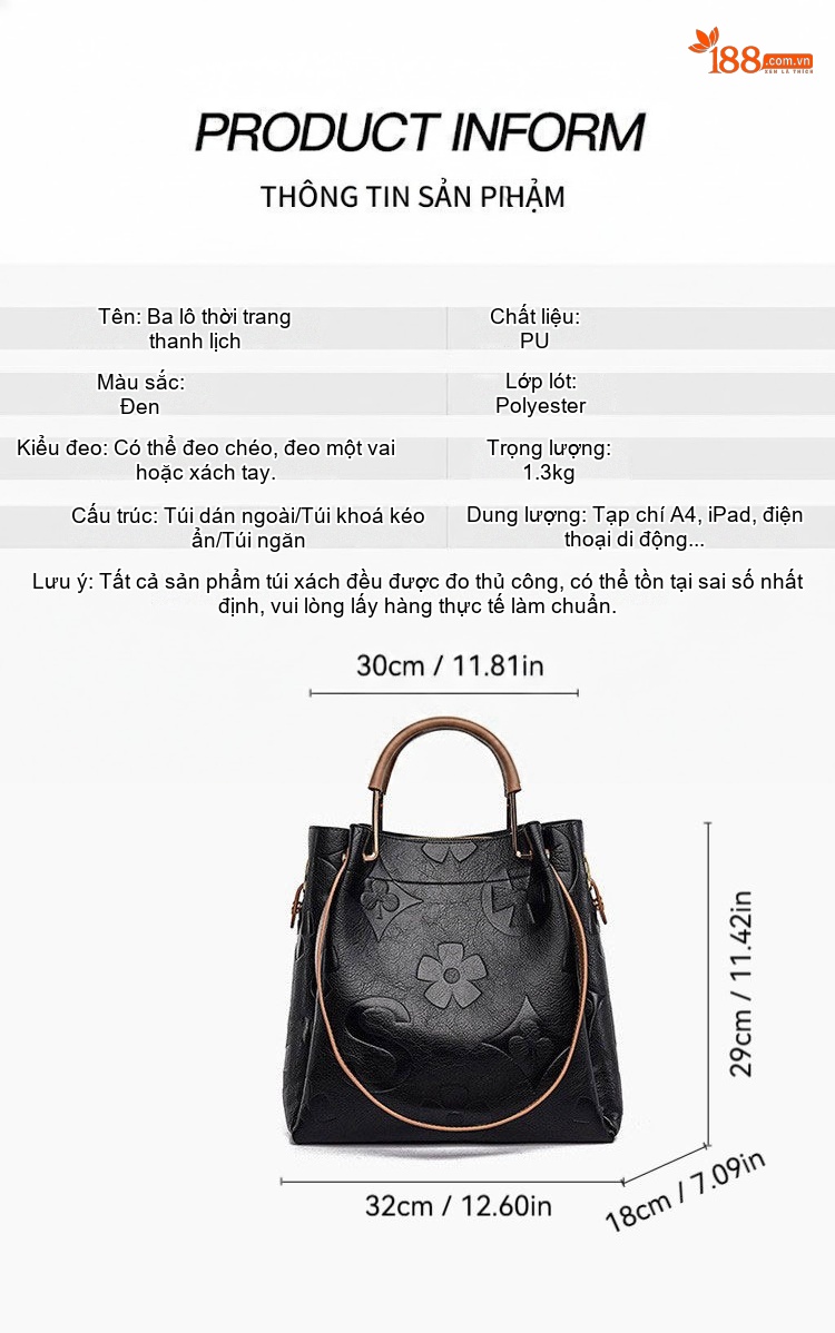 Túi Tote Nữ Dập Vân Hoa Văn Thời Trang Sức Chứa Lớn Kèm Túi Nhỏ Màu Đen chi tiết 4