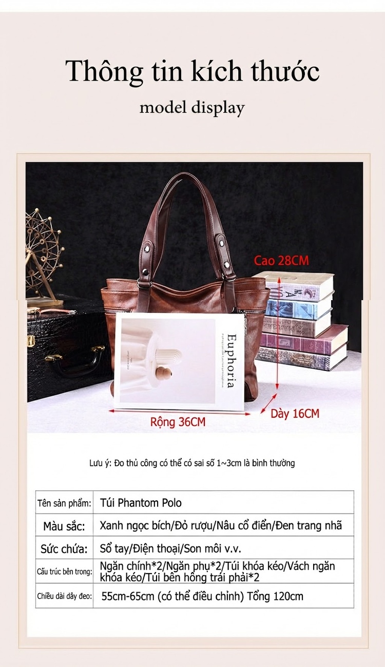 Túi Tote Nữ Đeo Vai Đeo Chéo Da Mờ Sức Chứa Lớn Phong Cách Retro Màu Nâu, Đen, Xanh... chi tiết 2