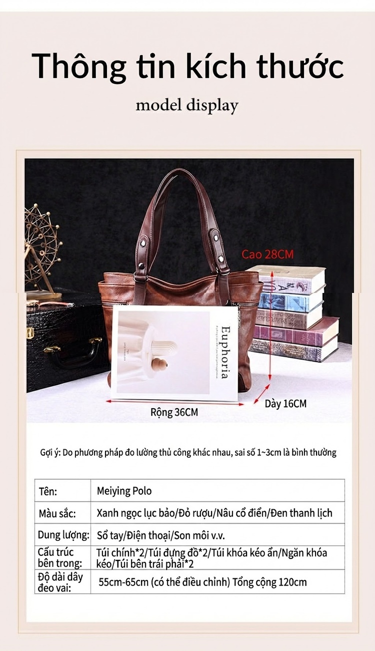 Túi Tote Nữ Đeo Vai Đeo Chéo Da Mờ Sức Chứa Lớn Phong Cách Retro Màu Nâu, Đen, Xanh... chi tiết 27