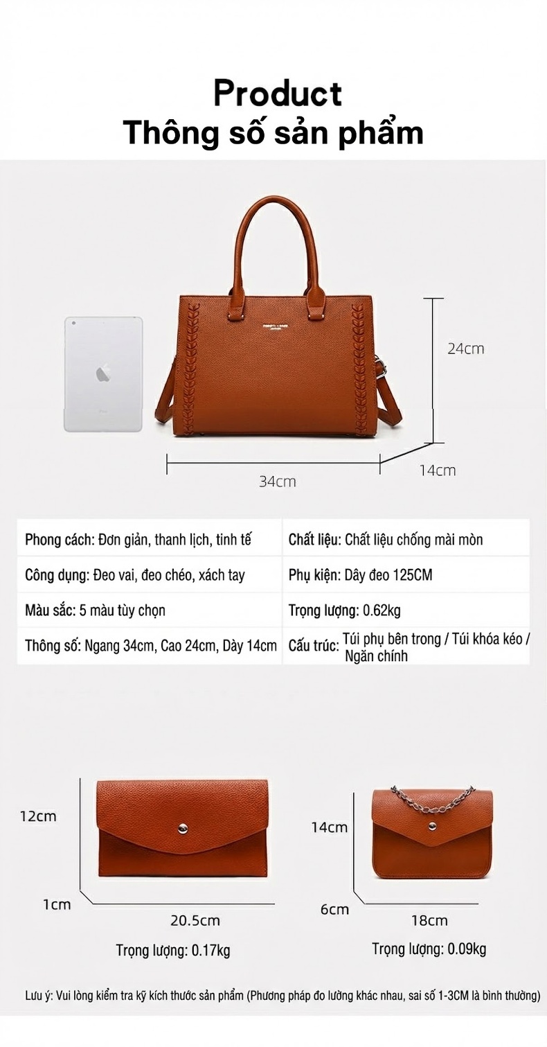Túi Tote Nữ Đeo Vai Đeo Chéo Phong Cách Thời Trang Bộ 3 Túi Màu Nâu, Đen, Kem, Cam chi tiết 10