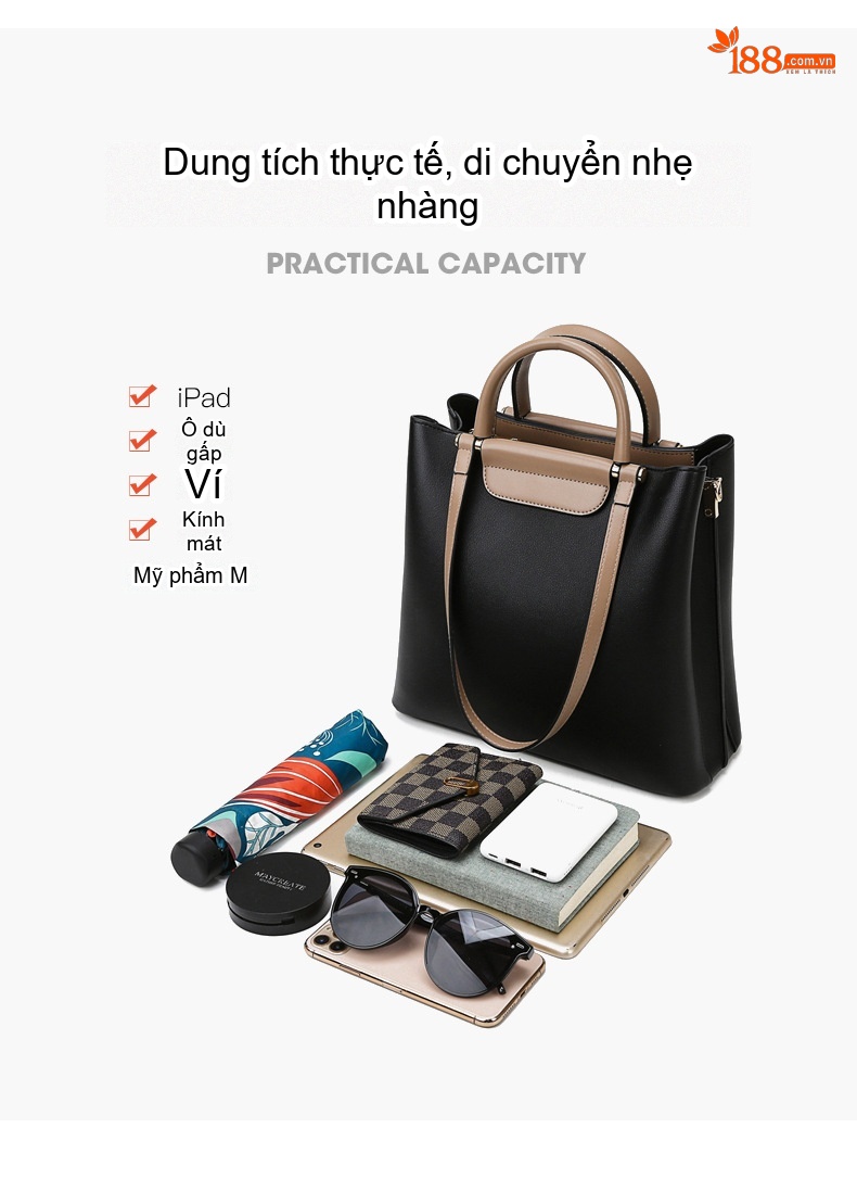 Túi Tote Nữ Đơn Giản Phong Cách Đô Thị Da Bóng Sức Chứa Lớn Màu Đen, Be chi tiết 7