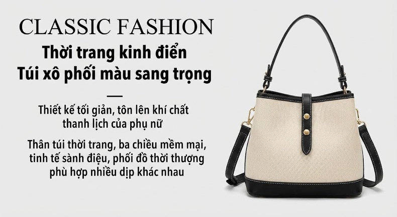 Túi Tote Nữ Đơn Giản Sức Chứa Lớn Đeo Vai Đi Làm Thời Trang Màu Trắng Kem, Đen chi tiết 2