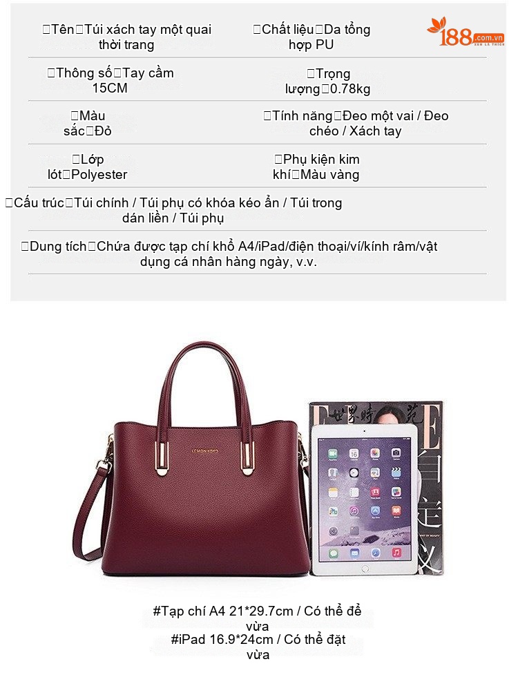 Túi Tote Nữ Đựng Tài Liệu Da Mờ Sức Chứa Lớn Phong Cách Đơn Giản Màu Đen, Đỏ Rượu, Trắng Kem chi tiết 3