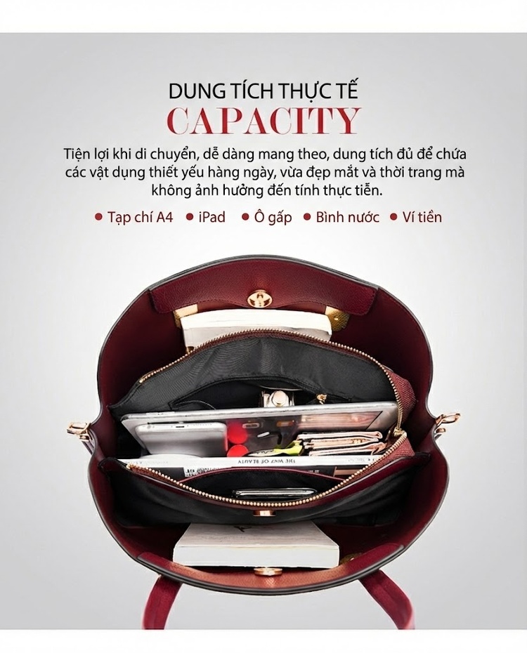 Túi Tote Nữ Đựng Tài Liệu Da Mờ Sức Chứa Lớn Phong Cách Đơn Giản Màu Đen, Đỏ Rượu, Trắng Kem chi tiết 5