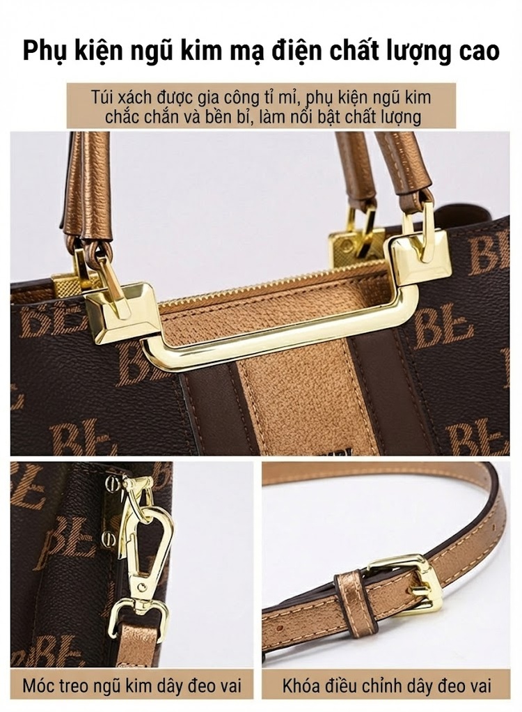 Túi Tote Nữ Đựng Vừa A4 Sức Chứa Lớn Thiết Kế Retro Màu Nâu, Be chi tiết 5