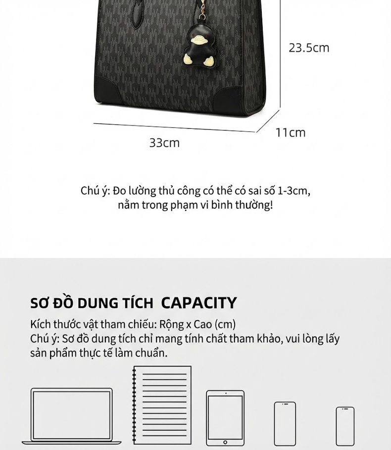Túi Tote Nữ Đựng Vừa A4 Vải Canvas Công Sở Đi Làm Hàng Hiệu Màu Đen chi tiết 4