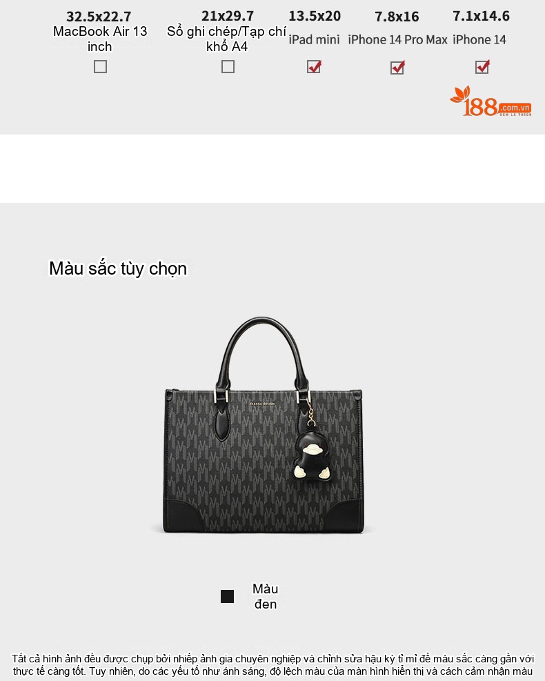 Túi Tote Nữ Đựng Vừa A4 Vải Canvas Công Sở Đi Làm Hàng Hiệu Màu Đen chi tiết 5