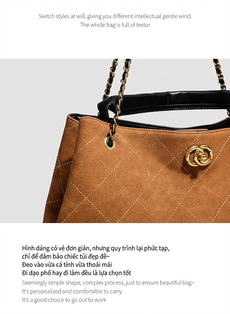 Túi Tote Nữ Hobo Đeo Vai Dáng Lượn Sóng Suede Lớn Đi Làm Hàng Ngày Màu Nâu, Đen chi tiết 5