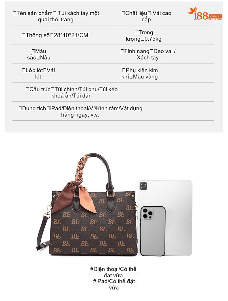 Túi Tote Nữ In Chữ Thời Trang Phong Cách Âu Mỹ Cỡ Lớn Màu Nâu chi tiết 7