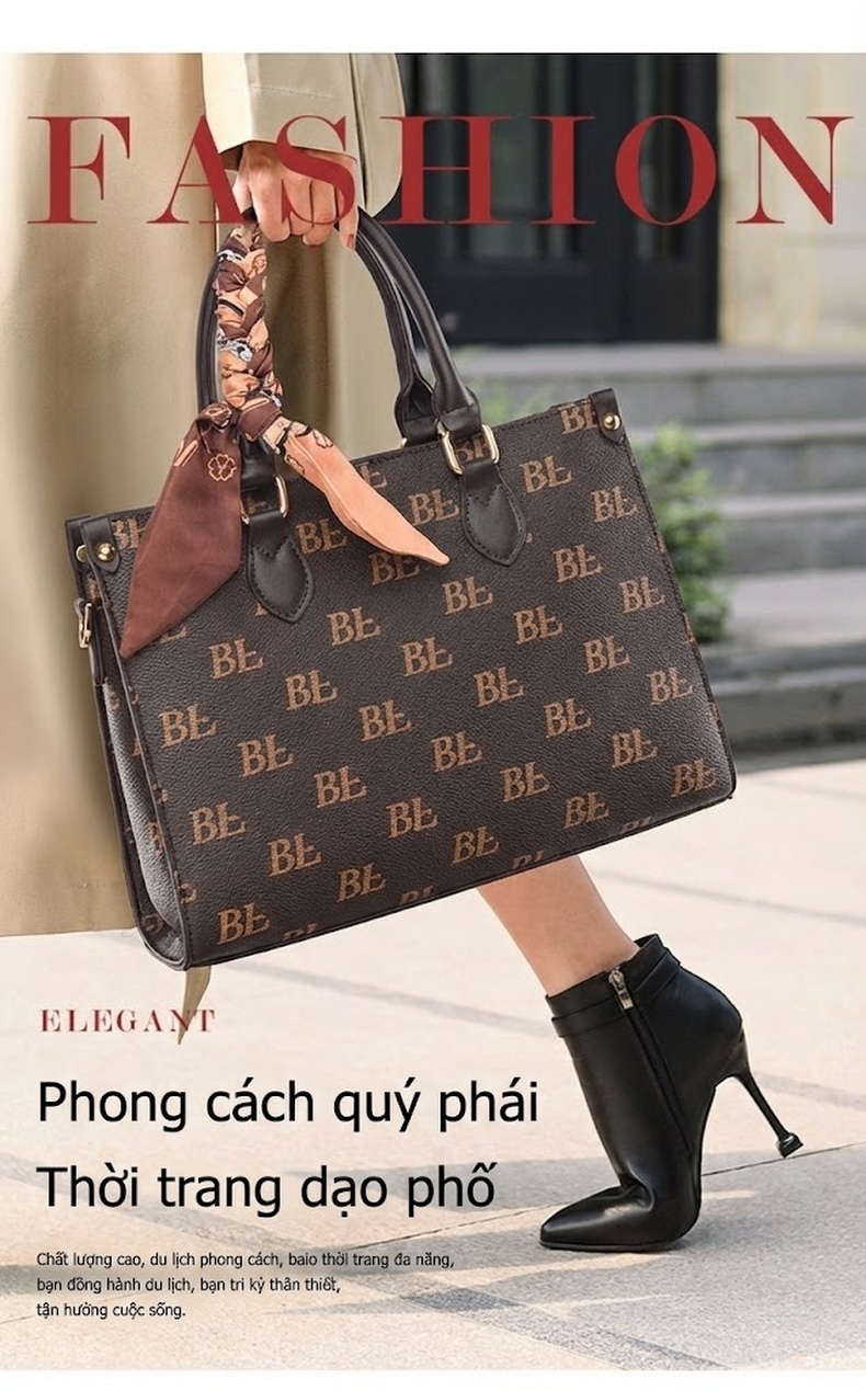 Túi Tote Nữ In Chữ Thời Trang Phong Cách Âu Mỹ Cỡ Lớn Màu Nâu chi tiết 5