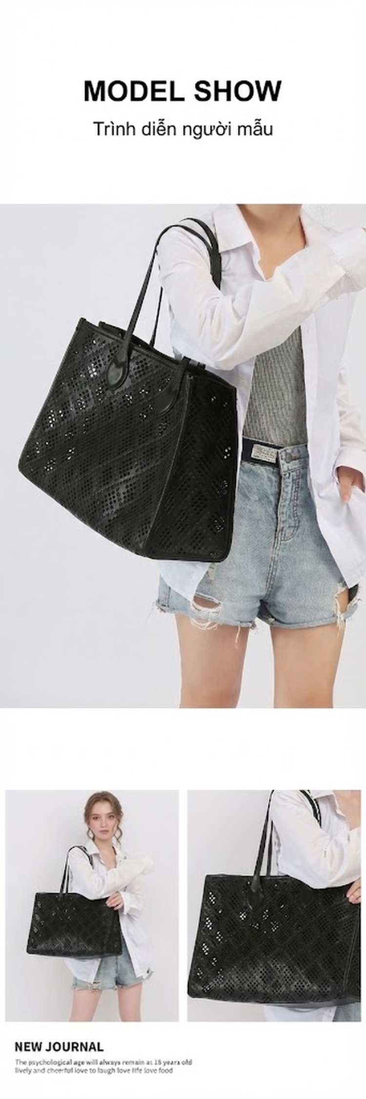 Túi Tote Nữ Lỗ Họa Tiết Retro Kèm Túi Nhỏ Da Bóng Đựng Vừa A4 Màu Đen chi tiết 5