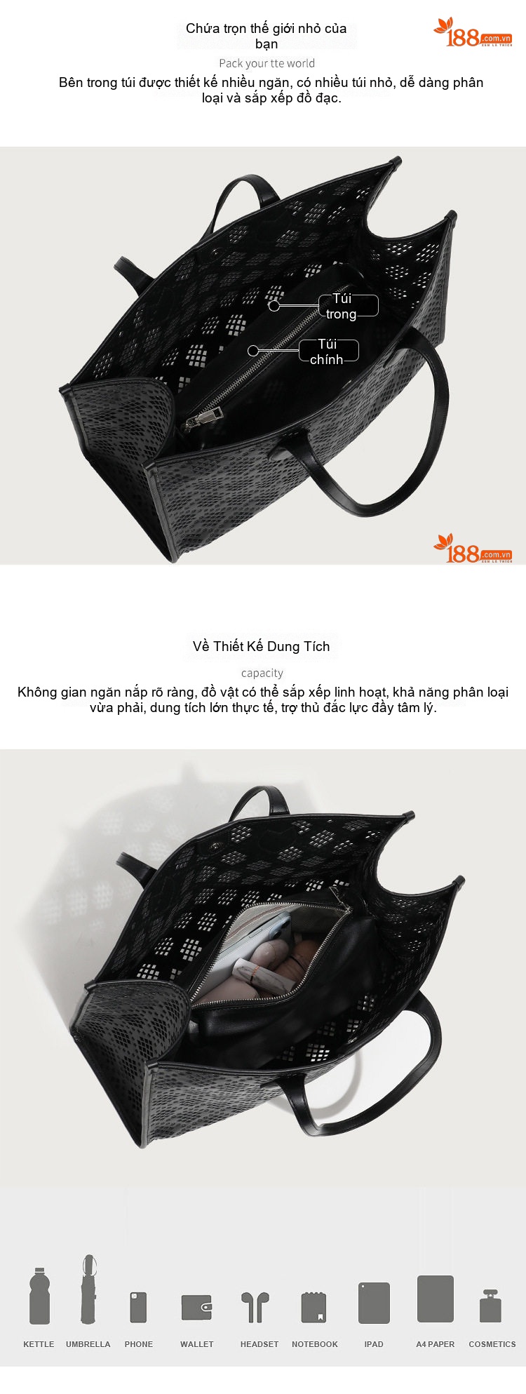 Túi Tote Nữ Lỗ Họa Tiết Retro Kèm Túi Nhỏ Da Bóng Đựng Vừa A4 Màu Đen chi tiết 4