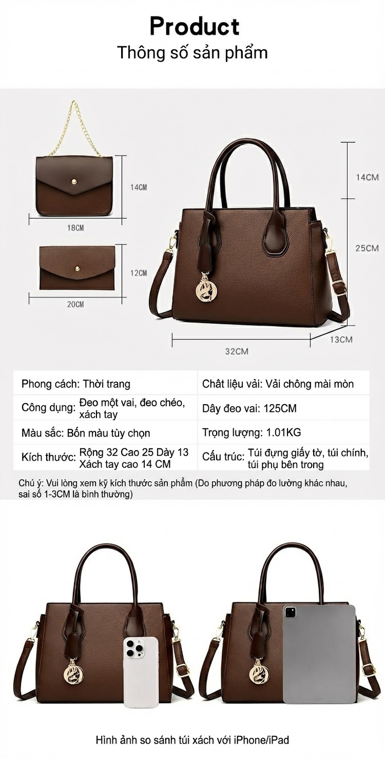 Túi Tote Nữ Set 3 Món Phong Cách Thời Trang Màu Nâu, Đen, Be chi tiết 16