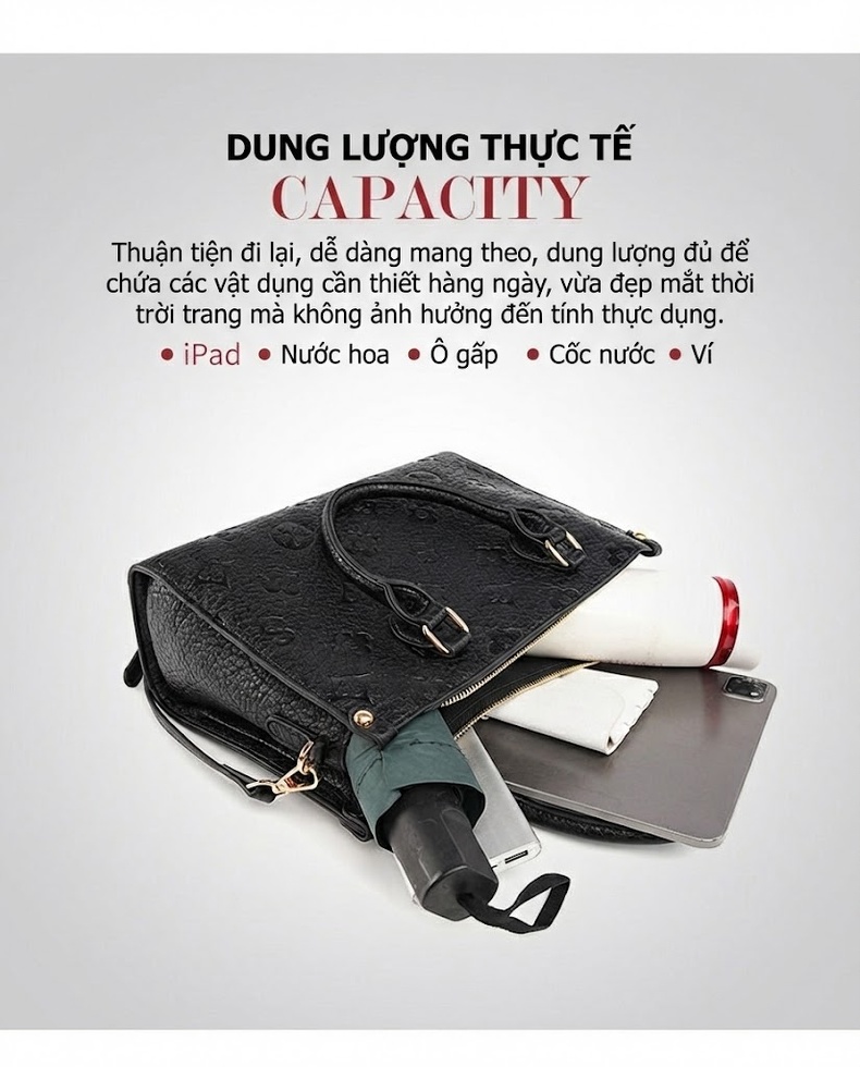 Túi Tote Nữ Siêu Vi Sợi Dập Nổi Họa Tiết Dung Tích Lớn Cao Cấp Màu Đen chi tiết 13
