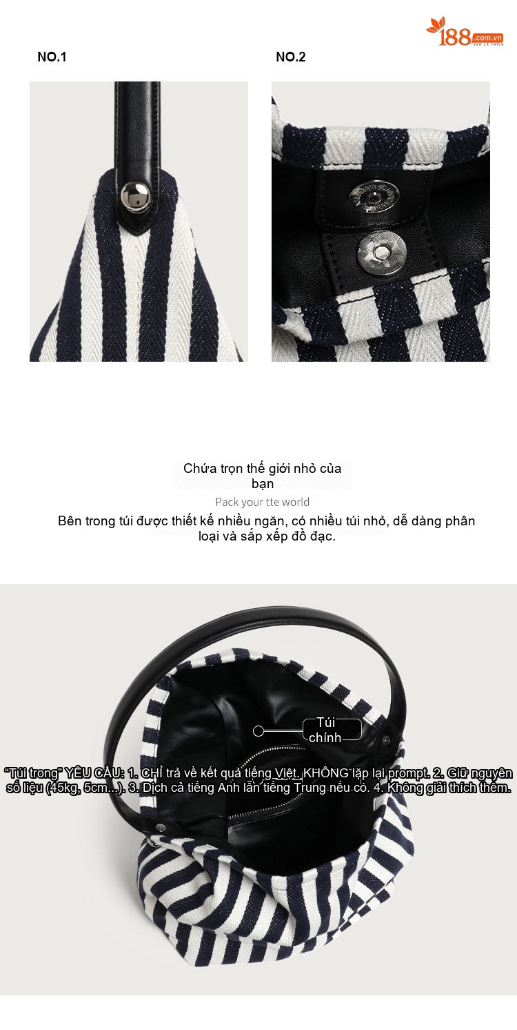 Túi Tote Nữ Sọc Kẻ Vải Canvas Đựng Vừa A4, Túi Đeo Vai Nữ Đơn Giản Phong Cách Hàn Quốc Màu Trắng, Đen chi tiết 4