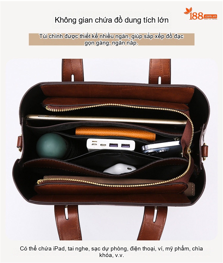 Túi Tote Nữ Thiết Kế Chắp Vá Độc Đáo Da Bóng Đựng Vừa Laptop Màu Đen, Nâu, Nâu Đậm chi tiết 8