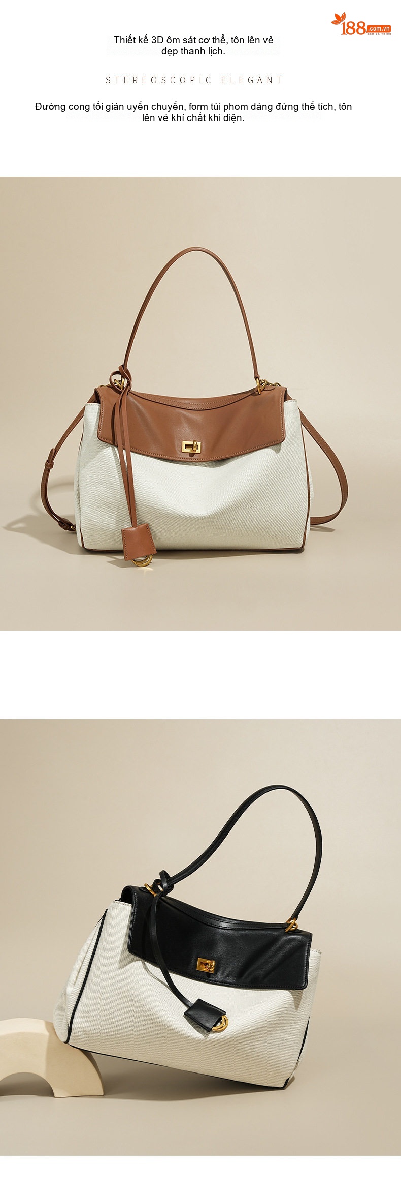 Túi Tote Nữ Vải Canvas Da Bò Đeo Vai, Túi Đeo Chéo Nữ Lớn Cao Cấp Màu Trắng, Nâu, Đen chi tiết 18