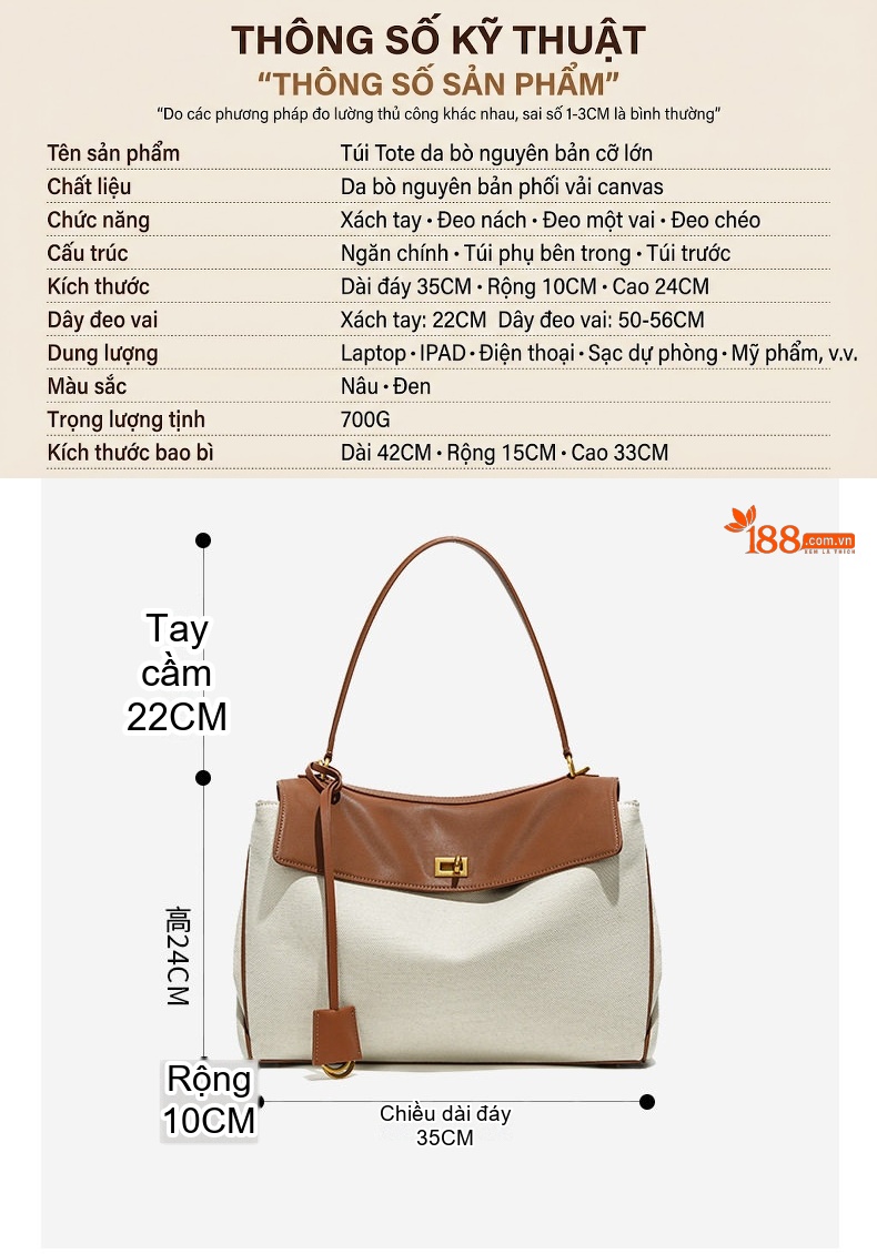 Túi Tote Nữ Vải Canvas Da Bò Đeo Vai, Túi Đeo Chéo Nữ Lớn Cao Cấp Màu Trắng, Nâu, Đen chi tiết 4