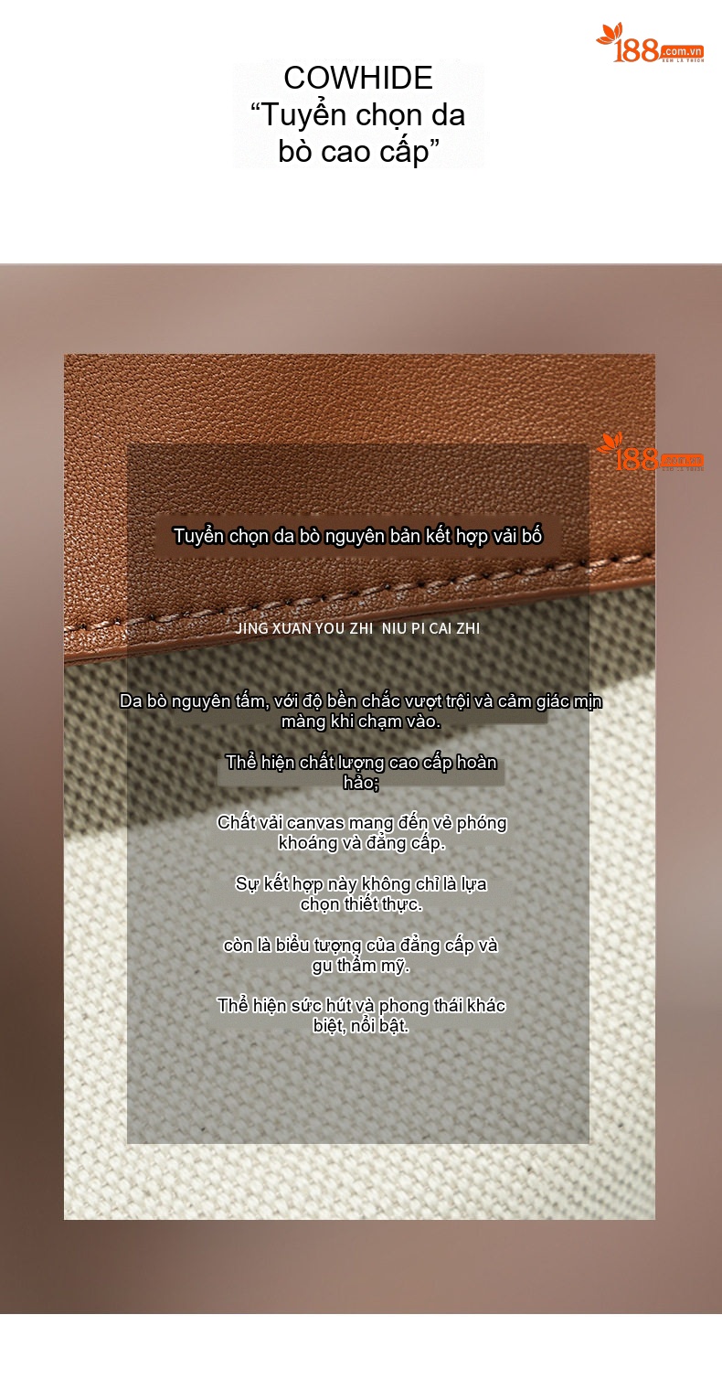 Túi Tote Nữ Vải Canvas Da Bò Đeo Vai, Túi Đeo Chéo Nữ Lớn Cao Cấp Màu Trắng, Nâu, Đen chi tiết 14