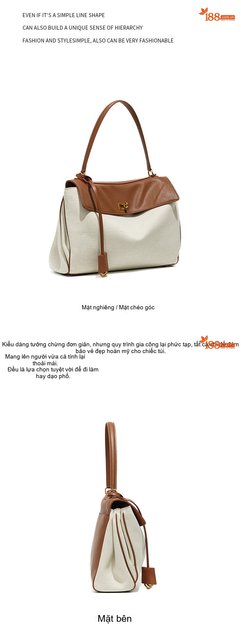 Túi Tote Nữ Vải Canvas Da Bò Đeo Vai, Túi Đeo Chéo Nữ Lớn Cao Cấp Màu Trắng, Nâu, Đen chi tiết 21