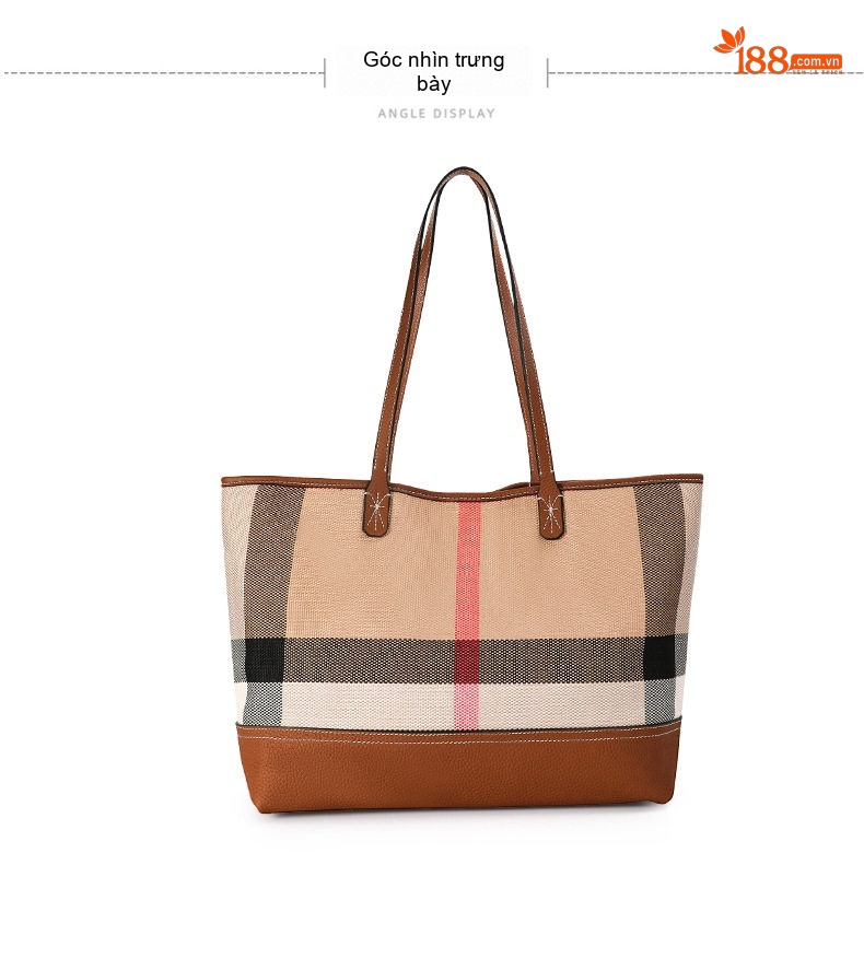 Túi Tote Nữ Vải Canvas Da Bò Nguyên Lớp Họa Tiết Kẻ Ô Lớn Thời Trang chi tiết 11