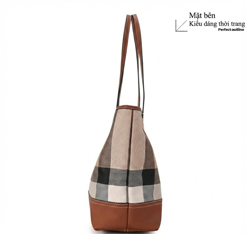 Túi Tote Nữ Vải Canvas Da Bò Nguyên Lớp Họa Tiết Kẻ Ô Lớn Thời Trang chi tiết 13