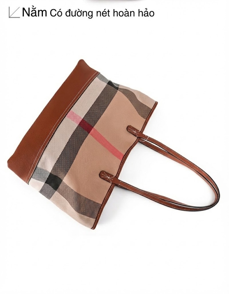Túi Tote Nữ Vải Canvas Da Bò Nguyên Lớp Họa Tiết Kẻ Ô Lớn Thời Trang chi tiết 14