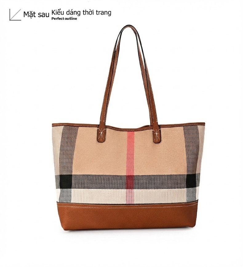 Túi Tote Nữ Vải Canvas Da Bò Nguyên Lớp Họa Tiết Kẻ Ô Lớn Thời Trang chi tiết 15