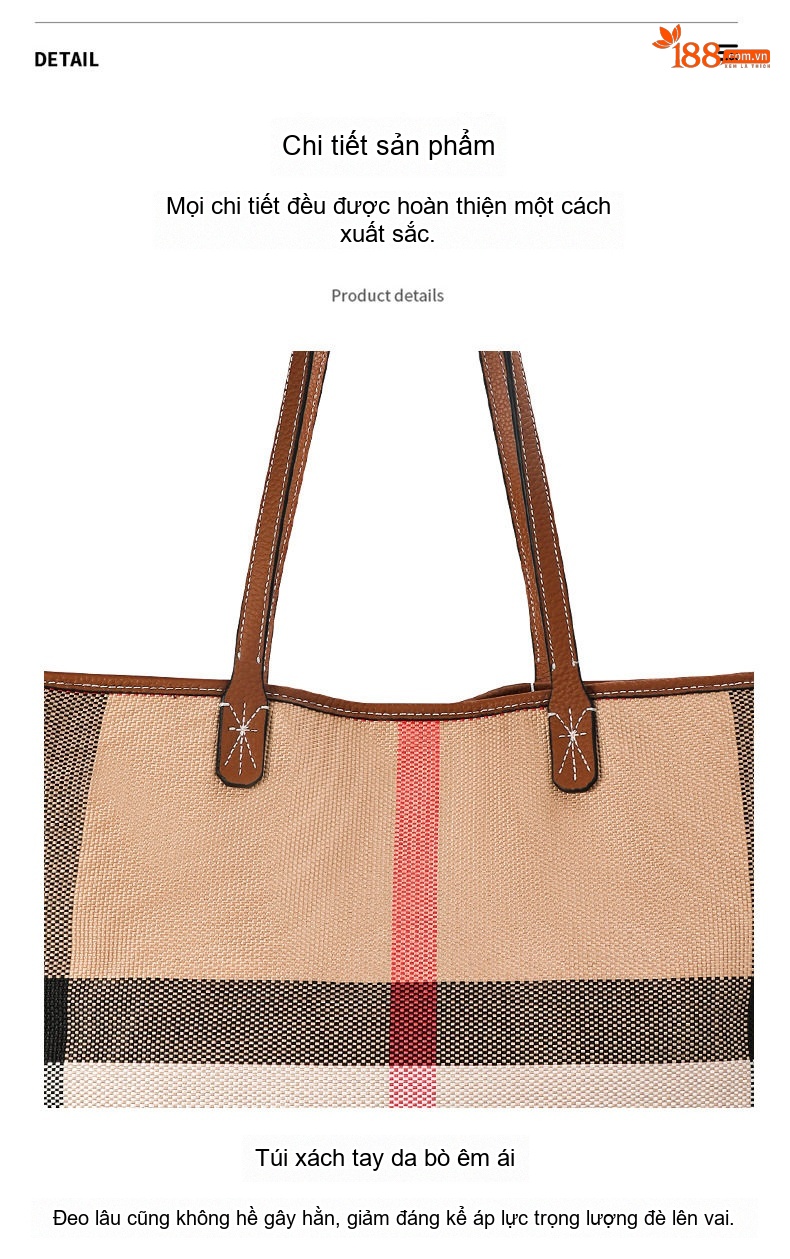 Túi Tote Nữ Vải Canvas Da Bò Nguyên Lớp Họa Tiết Kẻ Ô Lớn Thời Trang chi tiết 16