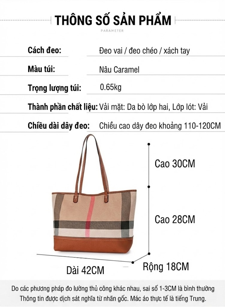 Túi Tote Nữ Vải Canvas Da Bò Nguyên Lớp Họa Tiết Kẻ Ô Lớn Thời Trang chi tiết 19