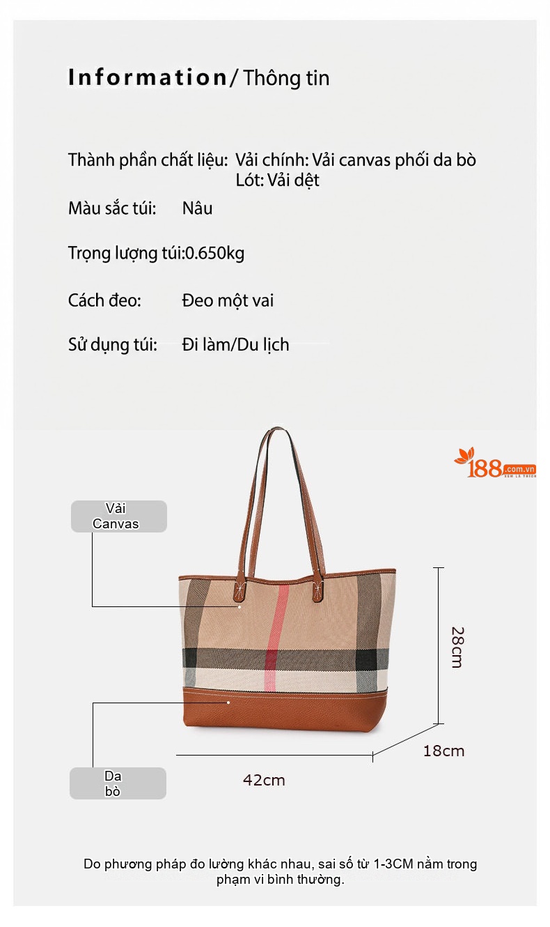 Túi Tote Nữ Vải Canvas Da Bò Nguyên Lớp Họa Tiết Kẻ Ô Lớn Thời Trang chi tiết 5