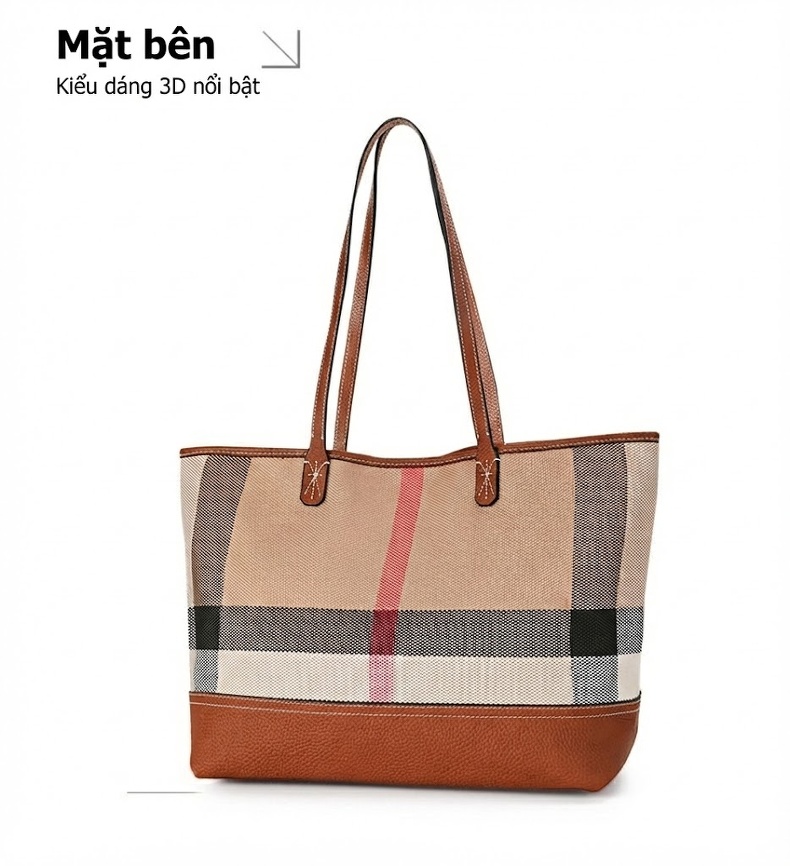Túi Tote Nữ Vải Canvas Da Bò Nguyên Lớp Họa Tiết Kẻ Ô Lớn Thời Trang chi tiết 12