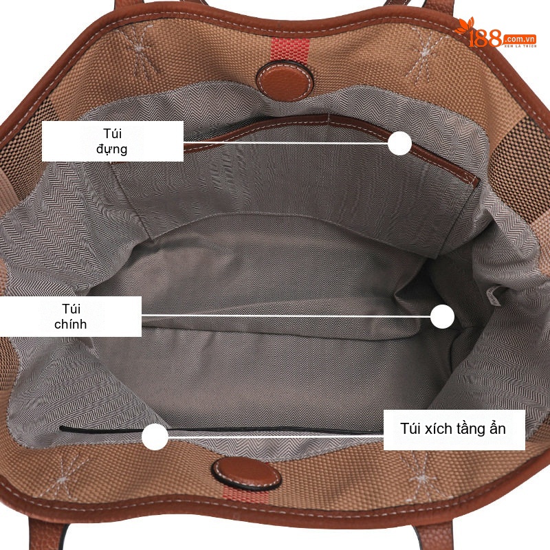 Túi Tote Nữ Vải Canvas Da Bò Nguyên Lớp Họa Tiết Kẻ Ô Lớn Thời Trang