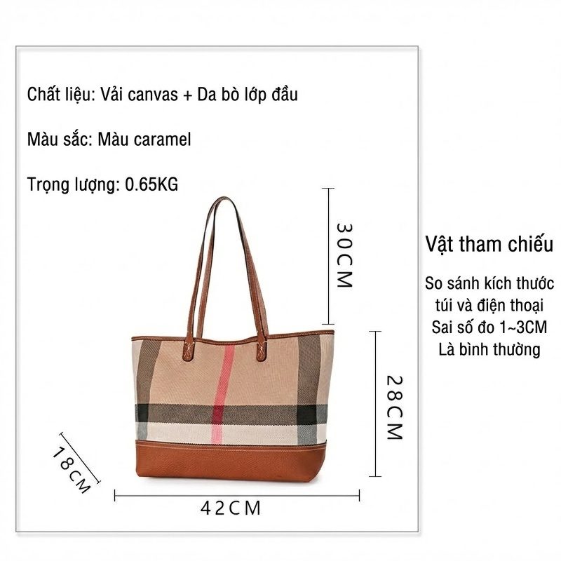 Túi Tote Nữ Vải Canvas Da Bò Nguyên Lớp Họa Tiết Kẻ Ô Lớn Thời Trang