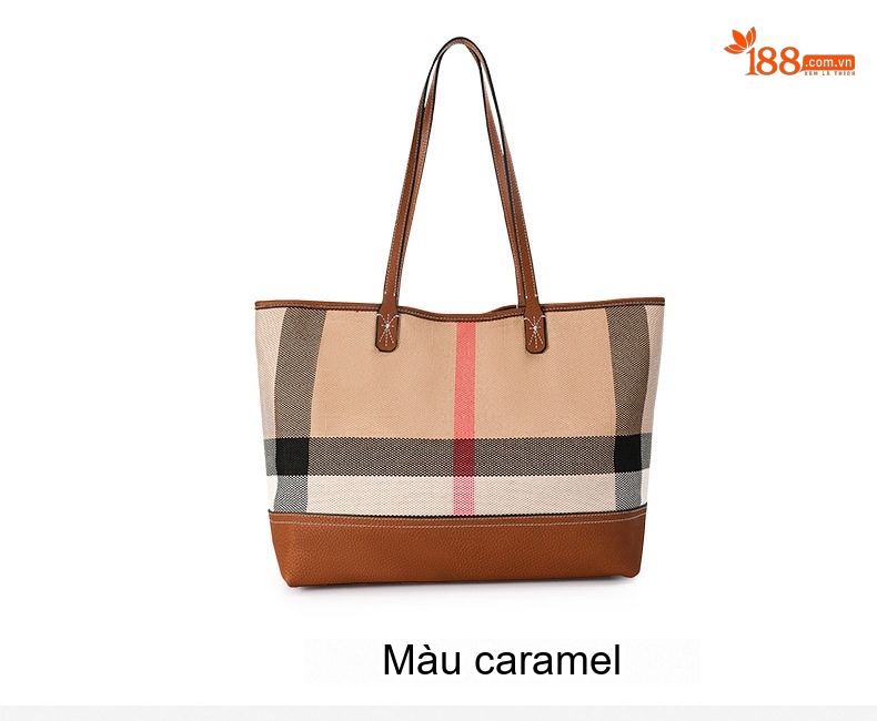 Túi Tote Nữ Vải Canvas Da Bò Nguyên Lớp Họa Tiết Kẻ Ô Lớn Thời Trang chi tiết 6